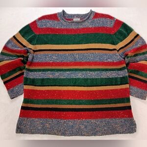 Vtg Koret Crewneck Sweater - Red, Green, Blue, Tan Stripes & Padded Shoulders L